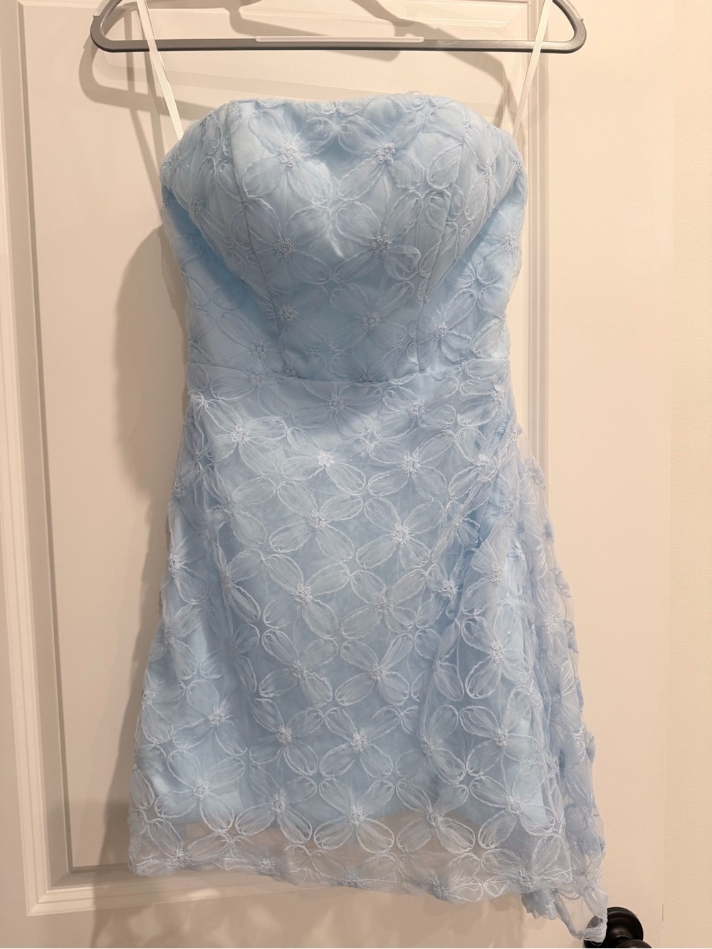 Light Blue Floral Lace Strapless Dress